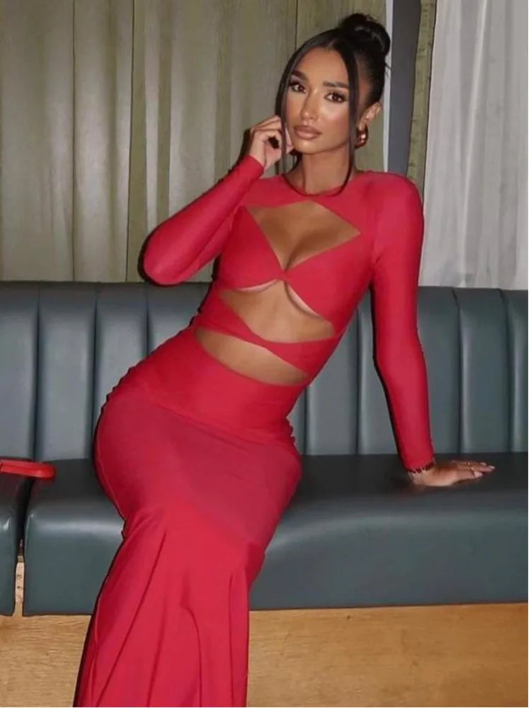 Autumn/winter Women Fashionable Hollow Out Long Sleeved Slim Sexy Dress Bodycon Elegant Party Club Evening Dress 2024