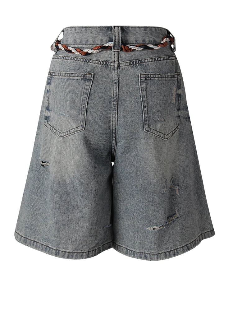 High Waist Blue Denim Bandage Knee Length Wide Leg Jeans New Women Trousers Fashion Tide Spring Autumn 2025 CPG3001