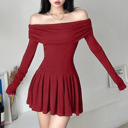 Load image into Gallery viewer, Casual Folds Off Shoulder Basic Autumn Dress Female Korean Fashion Long Sleeve Pleated Dress Mini Slim Y2K Party Chic
