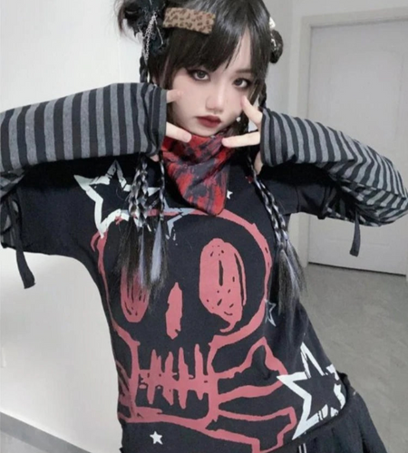 Oversized T Shirt Women's Clothing Chic Fake Two Tees 2024 Ropa Mujer Anime Punk Camisetas Skull Y2k Tops Casual Fashion T-shirt