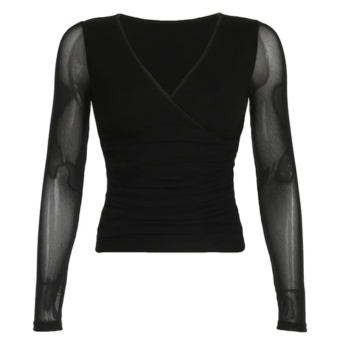 Load image into Gallery viewer, Sexy V-Neck Black Mesh T-shirt Women See Through Chest Folds Long Sleeve Top Tees Gentle Mature Spring Autumn Shirts
