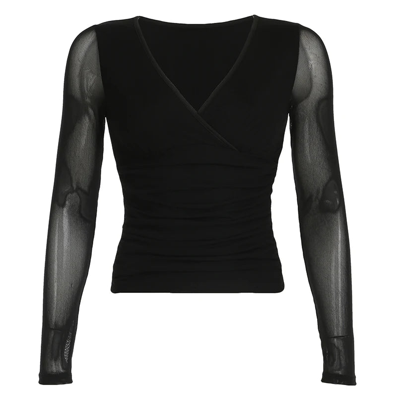 Sexy V-Neck Black Mesh T-shirt Women See Through Chest Folds Long Sleeve Top Tees Gentle Mature Spring Autumn Shirts