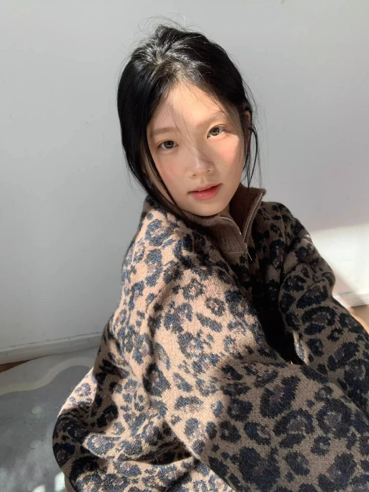 Y2k Aesthetic Leopard Print Casual Cardigans 2025 Women Vintage Stand Neck Knitwear Tops Harajuku Loose Grunge Patchwork Sweater