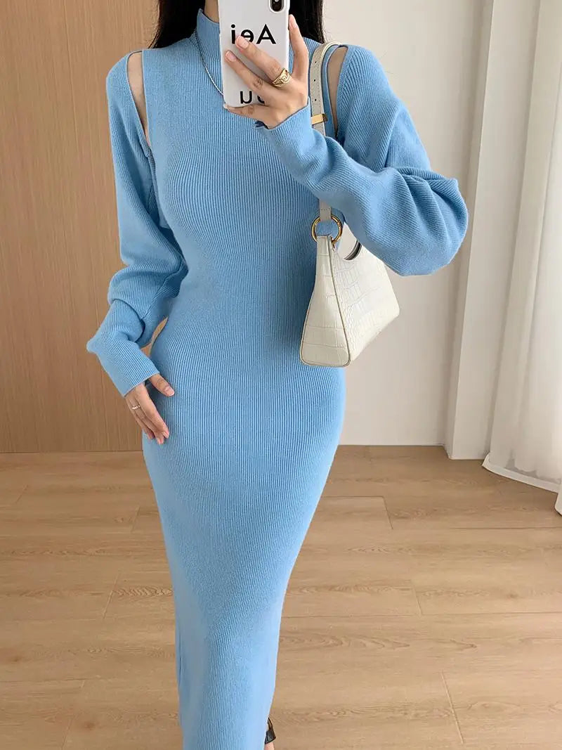 Elegant Solid Ribbed Knitted Dress Women Slim Long Sleeve Cardigan Top And Vest Dresses Autumn Winter Lady Streetwear Robe