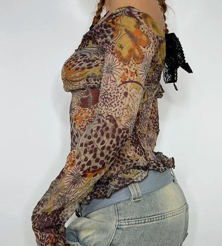 y2k Aesthetic Frill Open Shoulder Mesh Top Graphic Print Fairycore Summer T shirt Female Vintage Clothes Party Shirts