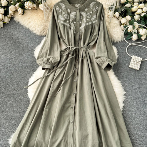 Load image into Gallery viewer, French Vintage Women Autumn Embroidery Elegant Long Sleeve Dress Ladies Round Neck Single Breasted Lace-up Party Dress Bohemian
