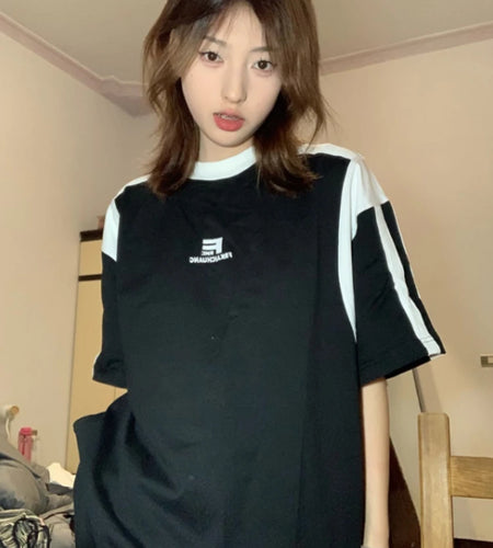 Trendy Summer Loose Casual T-Shirt All Match Contrast Color Patchwork Tshirts Women Grunge Letter Print Tee Shirts Y2k Aesthetic