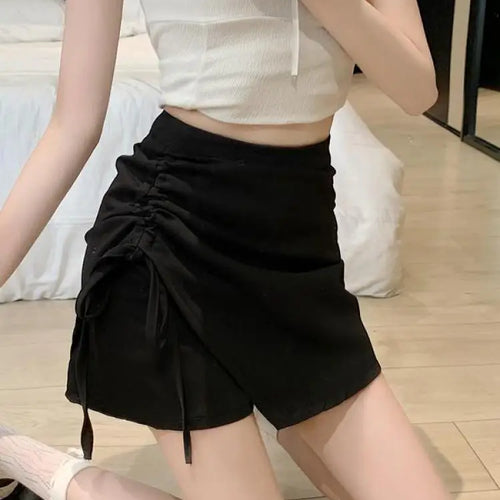 Load image into Gallery viewer, Spring Summer Black Slim Irregular Long Skirts Women Brown Grey High Waist Elegant Drawstring Lace-up Pleated Skirt Streetwear
