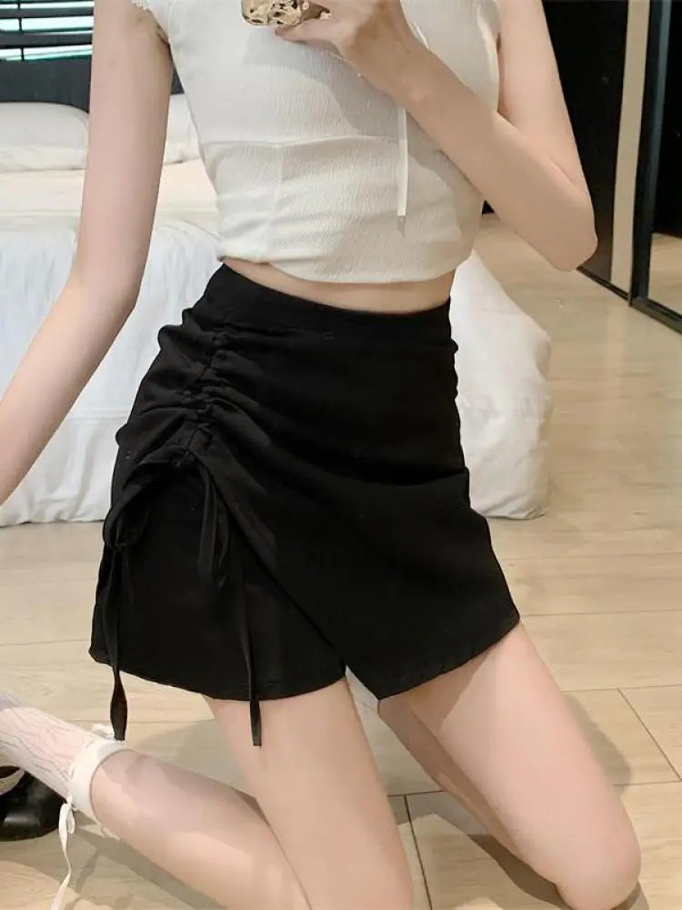 Spring Summer Black Slim Irregular Long Skirts Women Brown Grey High Waist Elegant Drawstring Lace-up Pleated Skirt Streetwear