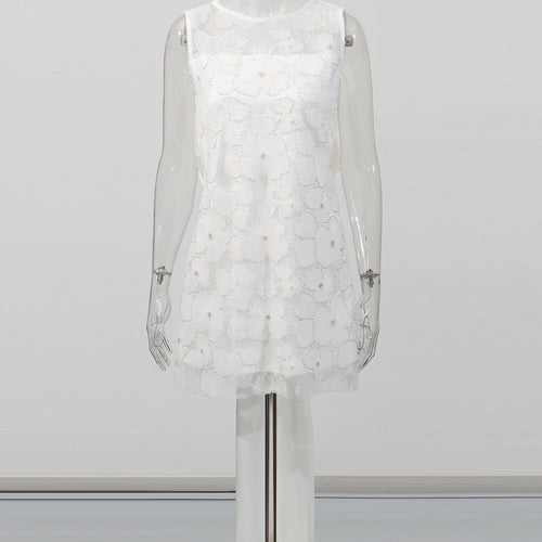 Load image into Gallery viewer, Solid Loose Spliced Embroidery Dresses for Women Round Neck Sleeveless Patchwork Bowknot Mini Dress Female Clothing
