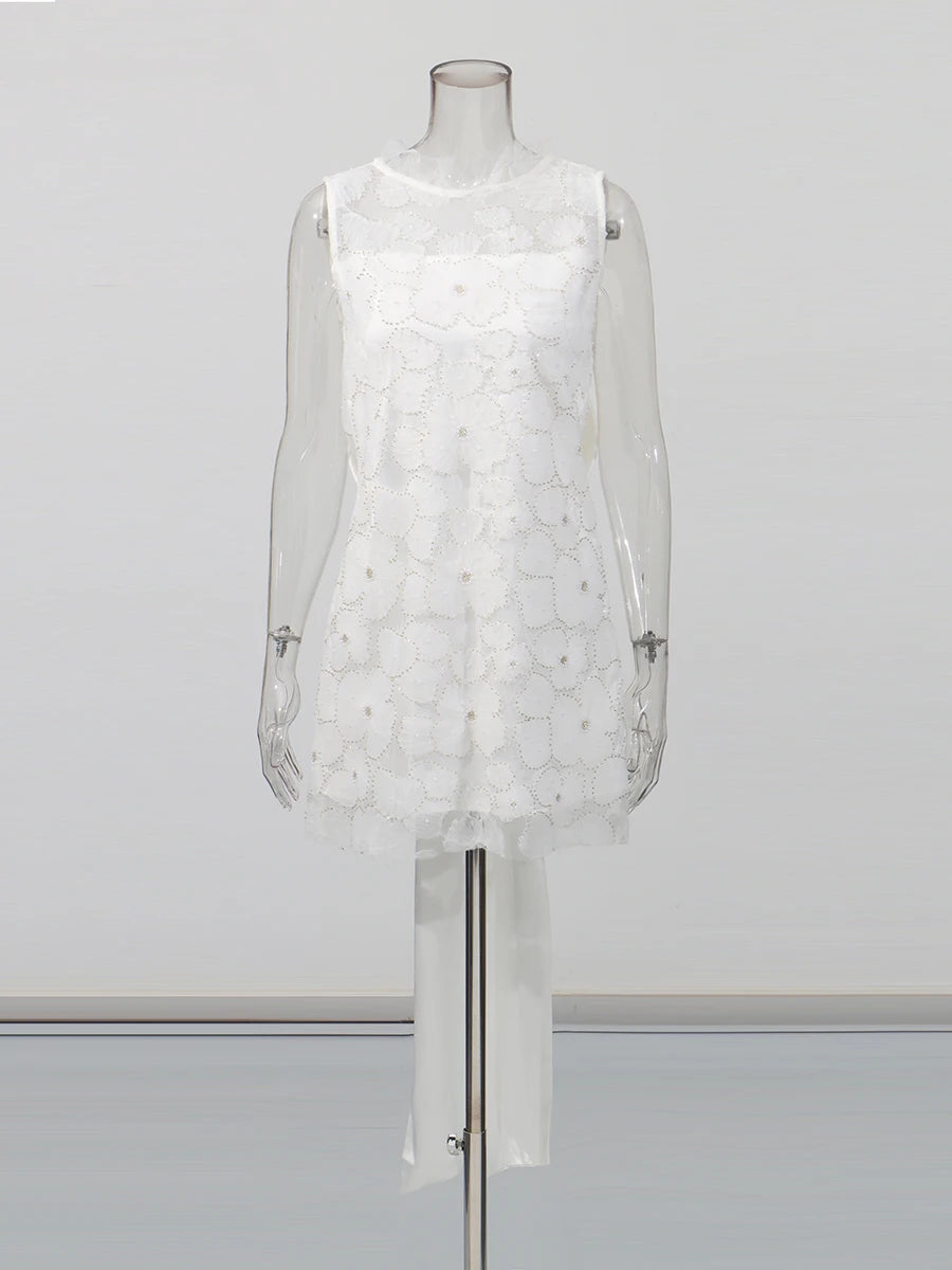 Solid Loose Spliced Embroidery Dresses for Women Round Neck Sleeveless Patchwork Bowknot Mini Dress Female Clothing