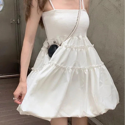 Load image into Gallery viewer, Summer Ruffles Slip Black Mini Dress Kawaii Cute Korean Fashion Spaghetti Strap Short Dresses Holiday Sundress Women
