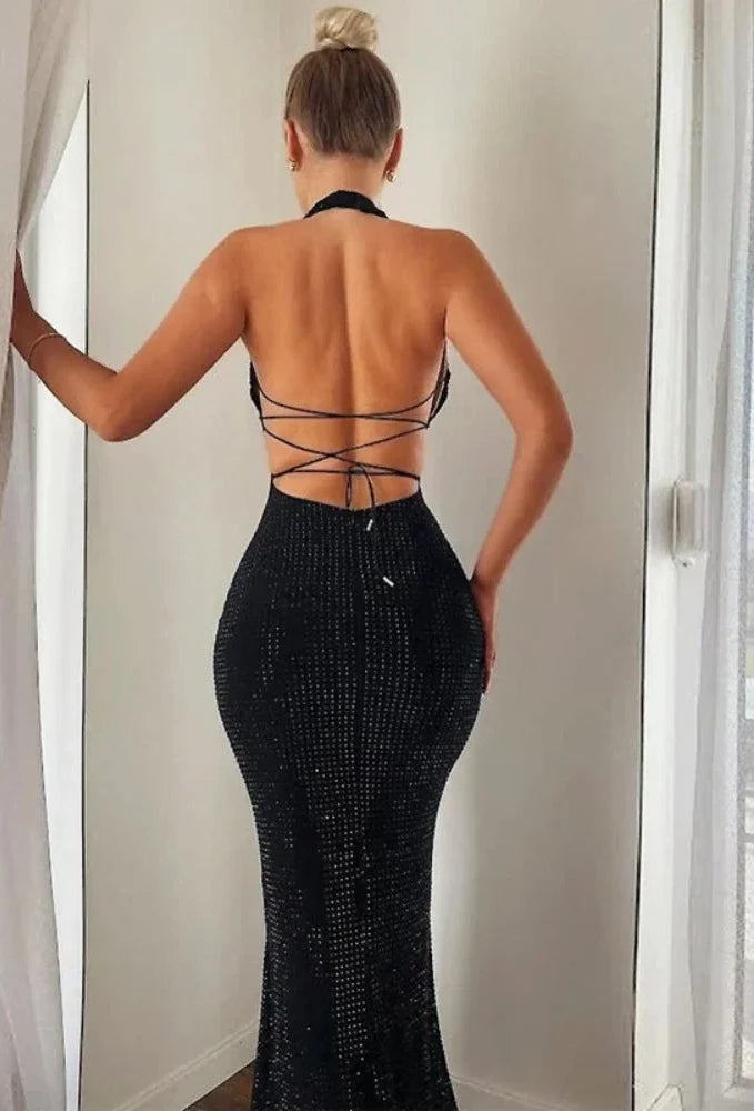 Deep V Halter Backless Maxi Long Dresses for Women 2024 Sexy Elegant Black Gowns Evening Dress Party Wears C16-CZ19