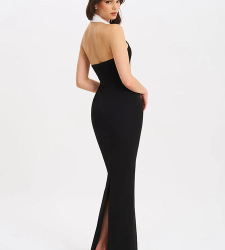 Halter Backless Sexy Maxi Dress For Women Gown Contrast Color Notched Collar Sleeveless Bodycon Club Party Tank Dress