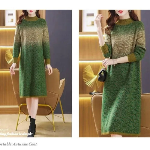 Load image into Gallery viewer, Green Gradient Loose Oversized Midi Knitted Dress Women Red Patchwork Long Sleeve Autumn Winter Thick Temperament Sweater Dress
