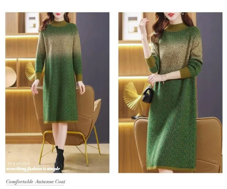 Green Gradient Loose Oversized Midi Knitted Dress Women Red Patchwork Long Sleeve Autumn Winter Thick Temperament Sweater Dress