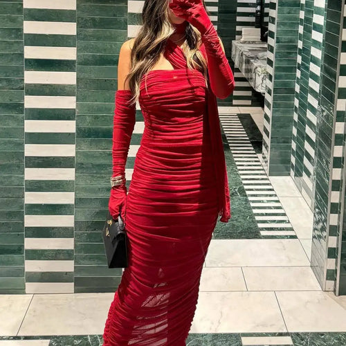 Load image into Gallery viewer, Women's Elegant Sleeveless Mesh Dress, Double Layer Bodycon, Pleated, Long, Tight, Party, Club, Evening
