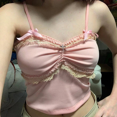 Load image into Gallery viewer, Coquette Hotsweet Bow Mini Strap Summer Crop Tops Korean Cutecore Lace Trim Folds Sexy Top Camis Women Japanese Y2K
