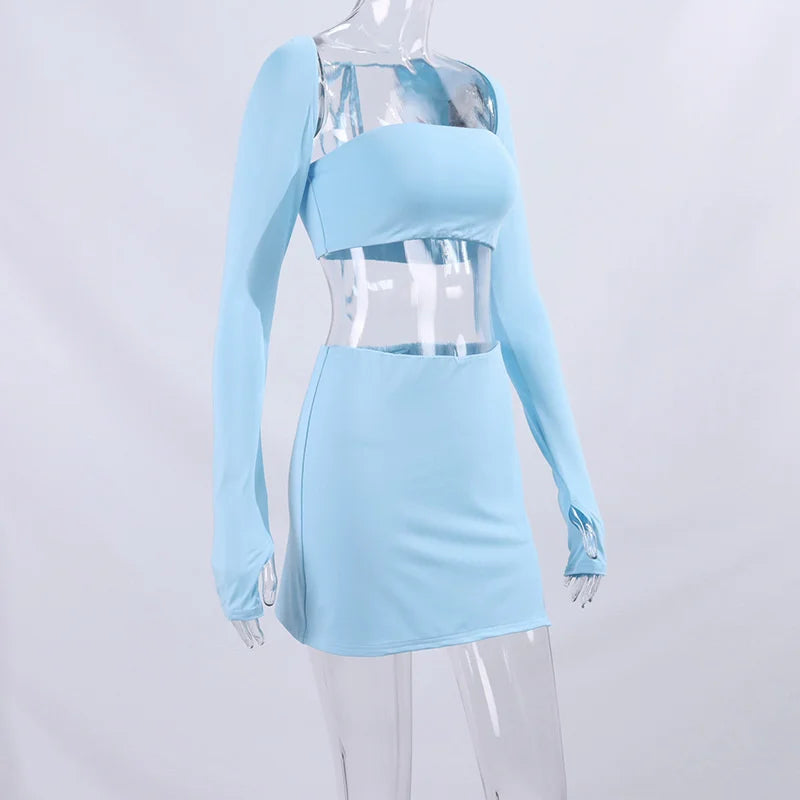 Sexy Dress Set Women White Square Collar Full Sleeve Crop Top And Mini Skirt Matching Sets Ladies Party Two Piece Set