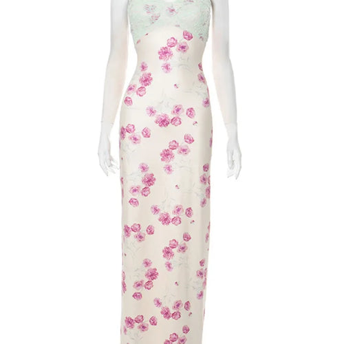 Load image into Gallery viewer, Lace Print Spaghetti Strap Sexy Maxi Dress Women Elegant Off-shoulder Sleeveless Backless High Waist Bodycon Dress
