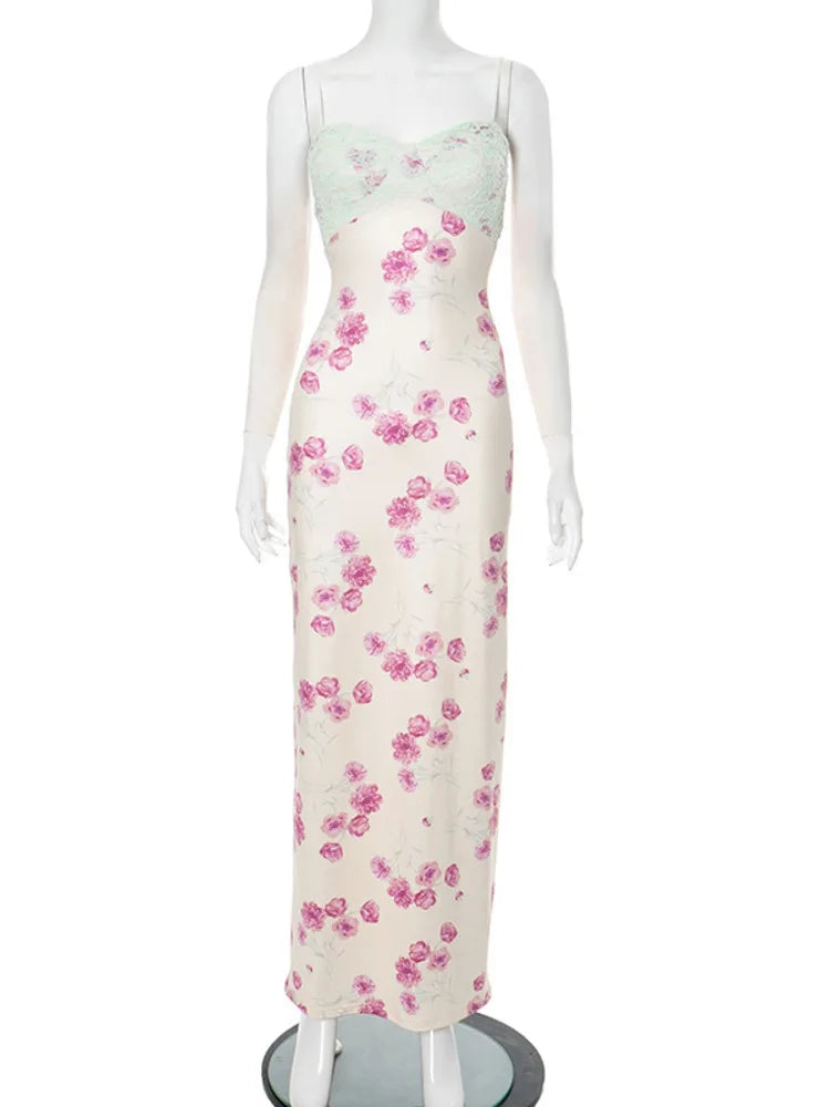 Lace Print Spaghetti Strap Sexy Maxi Dress Women Elegant Off-shoulder Sleeveless Backless High Waist Bodycon Dress