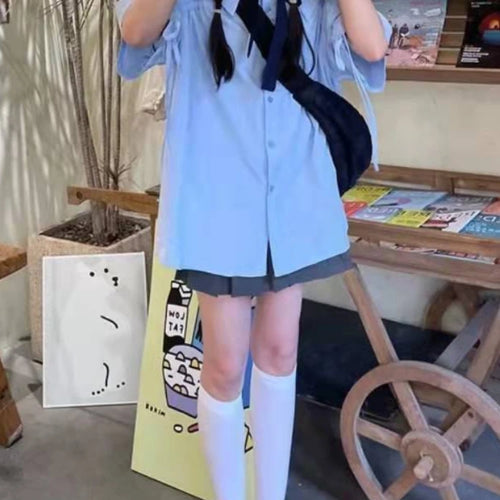 Load image into Gallery viewer, New Kawaii Turn-down Collar Blue Shirt Women Preppy Fashion Short Sleeve Oversize Blouse Female Clothing Streetwear Bow Cardigan
