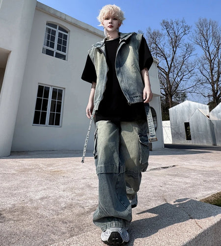 Men's New Spring Pants Denim Set Hooded Vest Solid Color Male Jeans Multi Pockets Stylish American Fashion Menwear 9W1509