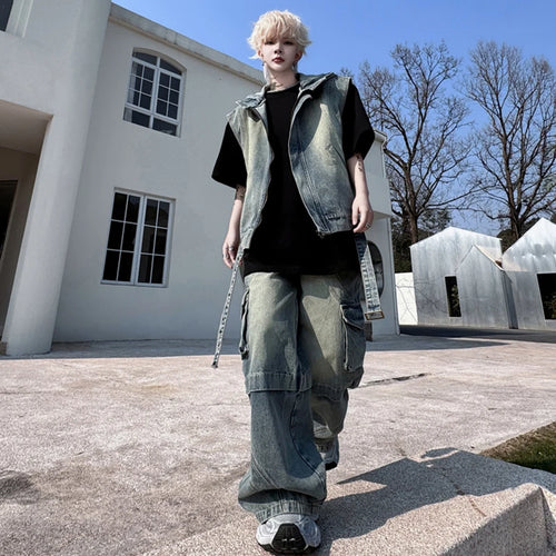 Load image into Gallery viewer, Men&#39;s New Spring Pants Denim Set Hooded Vest Solid Color Male Jeans Multi Pockets Stylish American Fashion Menwear 9W1509
