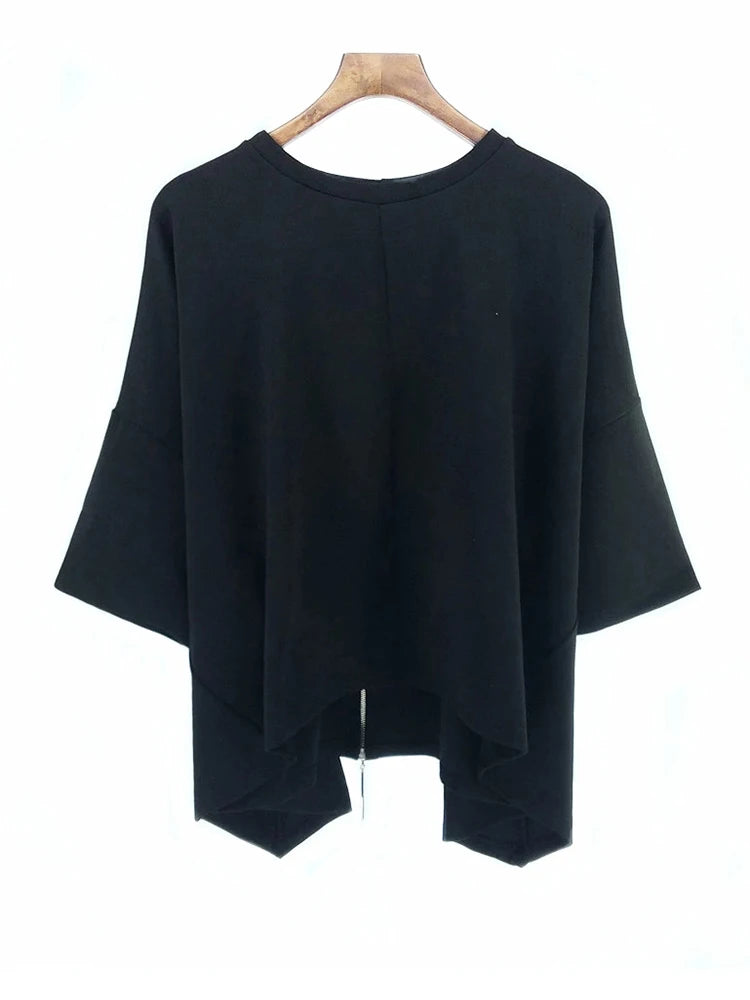 Women Black Back Zipper Irregular Big Size T-shirt New Round Neck Half Sleeve Fashion Tide Spring Summer 2025 1DJ1876