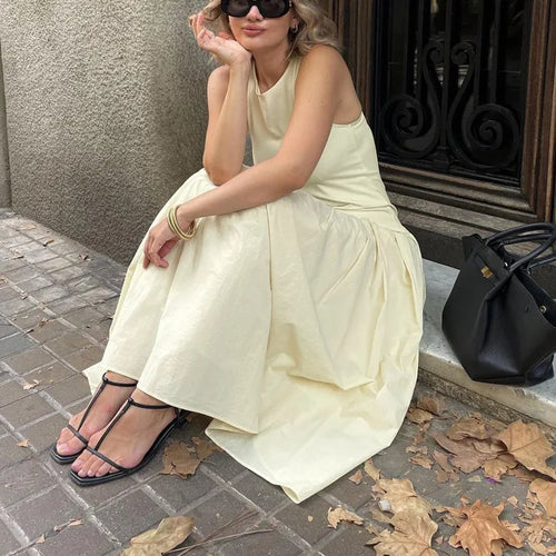 Load image into Gallery viewer, Patchwork Sleeveless Maxi Dress For Women Autumn New Casual Solid O Neck Loose A-line Long Tank Dress Elegant Fashion
