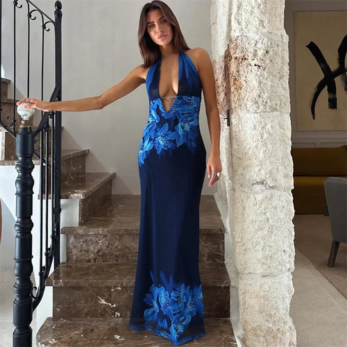 Load image into Gallery viewer, Deep V Neck Print Sexy Maxi Dress Women Gown Blue Halter Sleeveless Backless High Waist Split Long Dress Clubwear
