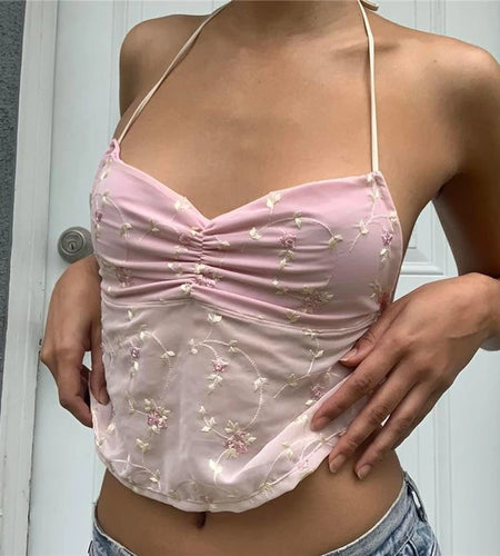 y2k Halter Top 2000s Aesthetic Fairycore Grunge Clothes Women Floral Sleeveless Backless Tanks Sweet Vest Streetwear