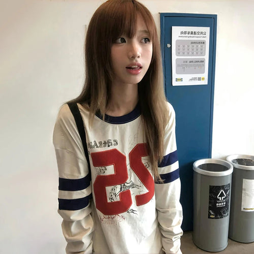 Load image into Gallery viewer, Japanese Y2k Number Print T-shirt 2000s Aesthetics Long Sleeve Jersey Tops Vintage Harajuku Streetwear American Retro
