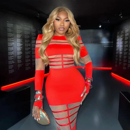 Load image into Gallery viewer, Elegant Long Sleeve Mesh Patchwork Bodycon Party Evening Dress Women Elastic Tight Autumn/Winter New 2024 Vestido Female
