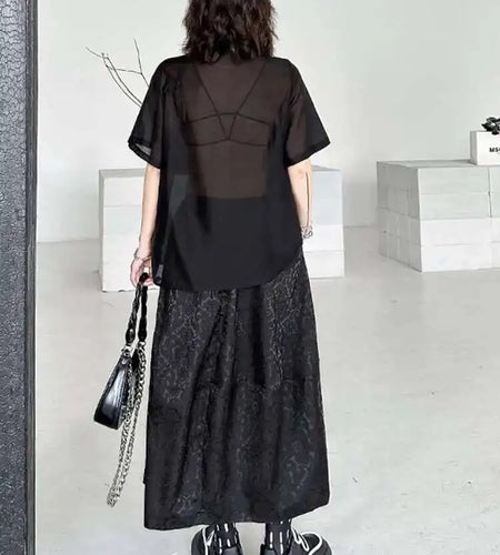 Black Shirt Big Size Half-body Skirt Two Pieces Suit New Lapel Short Sleeve Women Fashion Tide Spring Summer 2025 1DH5405