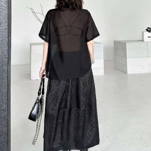 Load image into Gallery viewer, Black Shirt Big Size Half-body Skirt Two Pieces Suit New Lapel Short Sleeve Women Fashion Tide Spring Summer 2025 1DH5405
