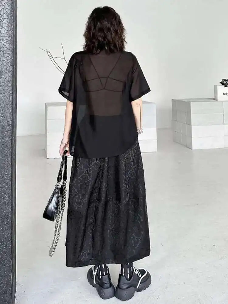 Black Shirt Big Size Half-body Skirt Two Pieces Suit New Lapel Short Sleeve Women Fashion Tide Spring Summer 2025 1DH5405