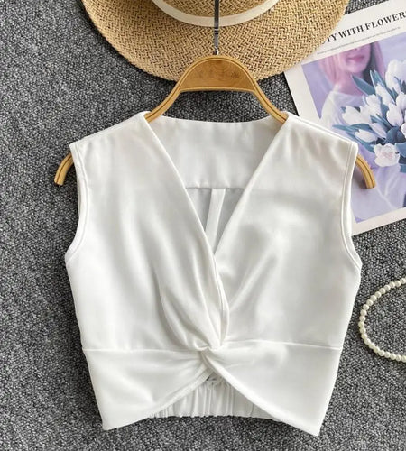 Women Clothing Summer Black V-neck Short Vest Ladies Casual Versatile White Sleeveless Pleated Tank Tops Simplicity Popular Chic