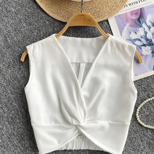 Load image into Gallery viewer, Women Clothing Summer Black V-neck Short Vest Ladies Casual Versatile White Sleeveless Pleated Tank Tops Simplicity Popular Chic
