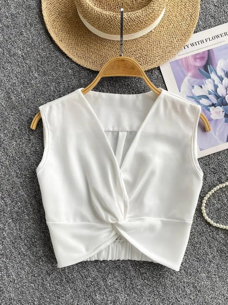 Women Clothing Summer Black V-neck Short Vest Ladies Casual Versatile White Sleeveless Pleated Tank Tops Simplicity Popular Chic