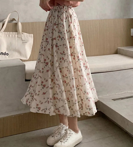 Vintage Floral Print A-Line Pleated Midi Skirt for Women Summer 2025 Korean Streetwear Drawstring Elastic Waist Long Skirt