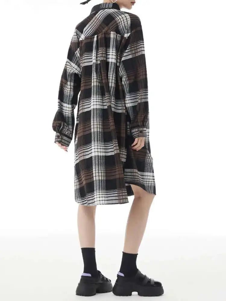Women Plaid Big Size Knee-Length Shirt Dress New Lapel Long Sleeve A-line Loose Fit Fashion Spring Autumn 2025 1DH2091