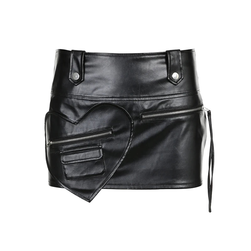 Streetwear Fashion Bodycon Leather Skirt Zipper Low Waisted Heart Shape Party Mini Skirt Ladies Hottie Club Outfits