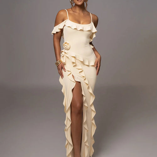 Load image into Gallery viewer, Elegant Ruffle Sexy Maxi Dress Women Spaghetti Strap Flower Sleeveless Backless High Split Club Party Evening Dress
