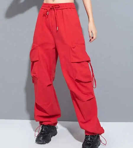 High Elastic Waist Red Pocket Long Cargo Pants New Loose Fit Trousers Women Fashion Tide Spring Autumn 2025 1DH0997