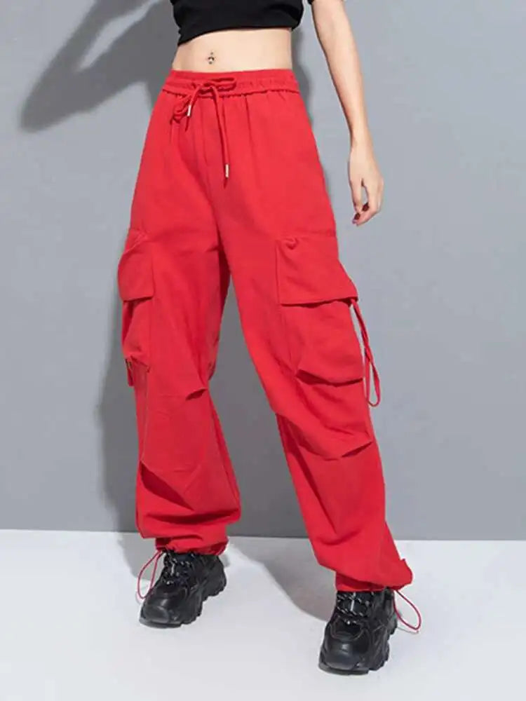 High Elastic Waist Red Pocket Long Cargo Pants New Loose Fit Trousers Women Fashion Tide Spring Autumn 2025 1DH0997