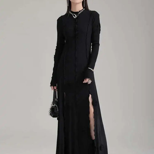 Load image into Gallery viewer, Women Black Flower Elegant Slit Long Dress New Turtleneck Long Sleeve Loose Fit Fashion Tide Spring Autumn 2025 1DH1870

