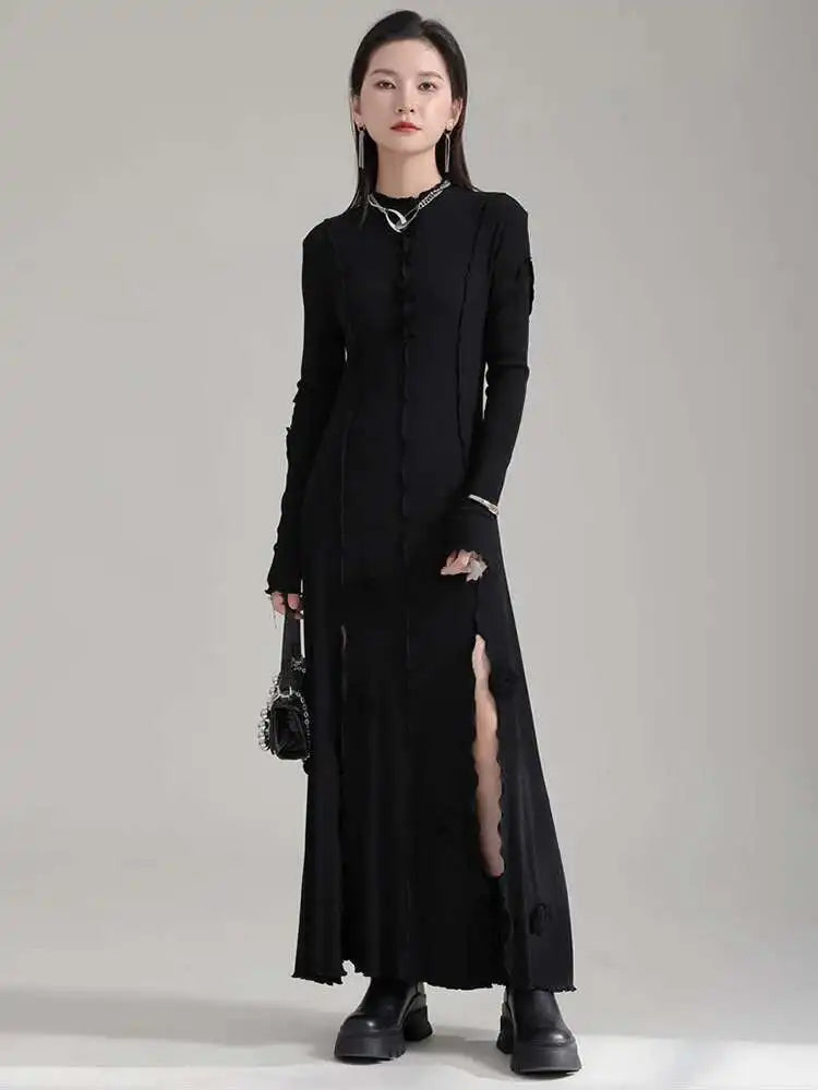 Women Black Flower Elegant Slit Long Dress New Turtleneck Long Sleeve Loose Fit Fashion Tide Spring Autumn 2025 1DH1870