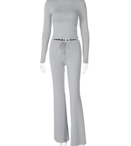 Women Casual 2 Pcs Sets Solid Long Sleeve Slim Crop T-Shirt Bandage Flare Pants Fall Y2K Outfits Streetwear Work Out