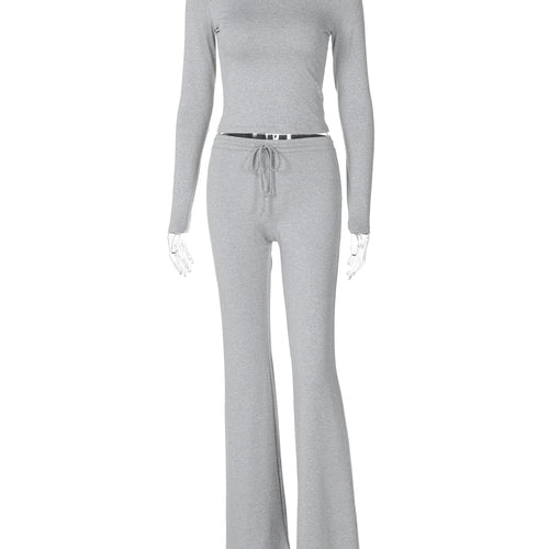 Load image into Gallery viewer, Women Casual 2 Pcs Sets Solid Long Sleeve Slim Crop T-Shirt Bandage Flare Pants Fall Y2K Outfits Streetwear Work Out
